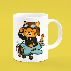 ماگ سرامیکی سفید طرح گربه خلبان کارتونی داخل هواپیما آبی