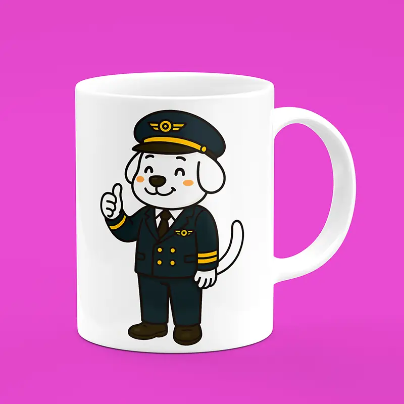 ماگ سرامیکی سفید طرح سگ خلبان کارتونی با لباس فرم خلبانی
