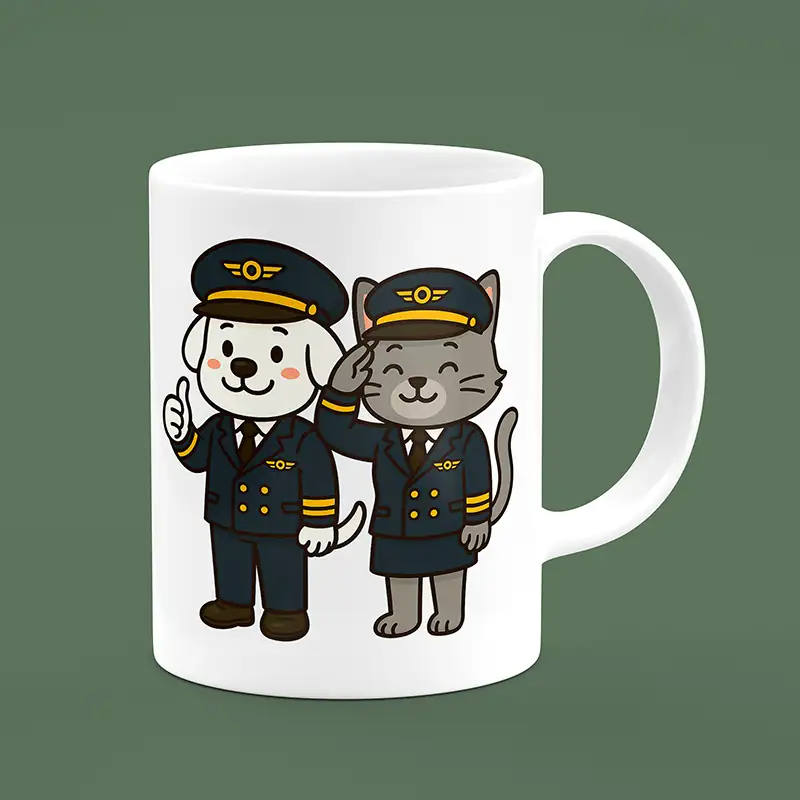ماگ سفید با تصویر کارتونی سگ و گربه در لباس خلبانی