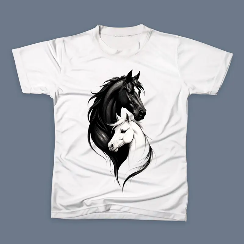 تیشرت با طرح دو اسب سیاه و سفید با یال‌های درهم‌ تنیده