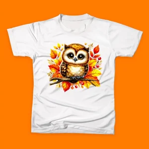 تی‌شرت طرح جغد با برگ‌های پاییزی