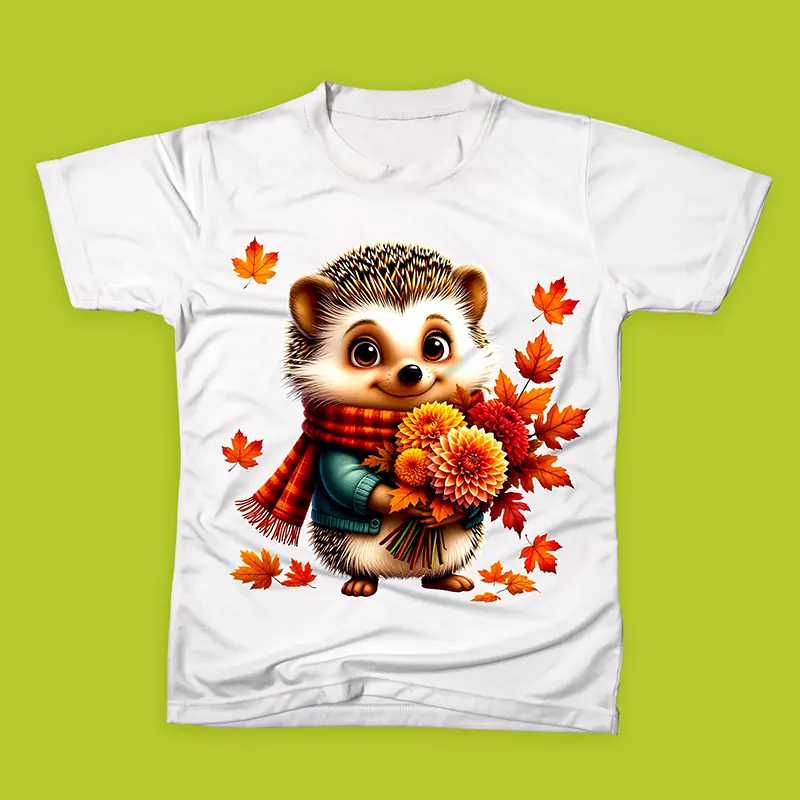 تیشرت سفید با طرح جوجه‌تیغی و برگ‌های پاییزی