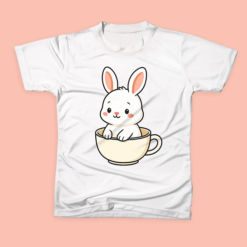 تیشرت سفید با طرح خرگوش داخل فنجان